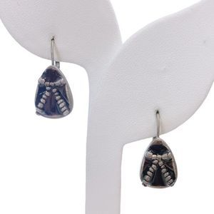 Vintage Don Lin Black Enamel Silveryone Pewter Color Ribbon Drop Hook Earrings